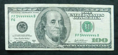 $100 2003 A, near solid 4's serial FF 54444444 B, fancy, repeat, circulated - Image 1 of 2