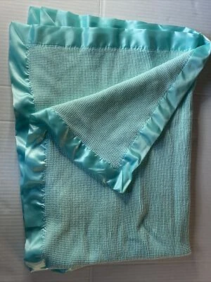 Starting Out Turquoise Baby Blanket Waffle Weave Satin Trim 36X48 Cotton Poly - Image 1 of 4