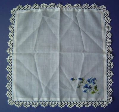 Pañuelo De Colección Azul Pálido Pañuelo Bordado Flores Blanco Tatuado Borde de Encaje Borde Foto 1 de 3