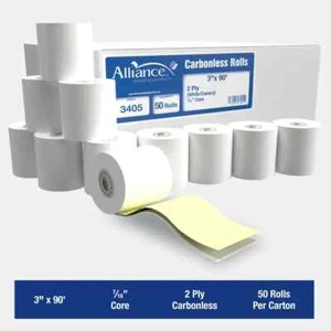 Rouleaux de réception sans carbone Alliance 2 plis 3" x 90' 2 plis blanc/canari 50 rouleaux - Photo 1/5