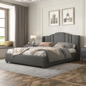Queen Upholstered Platform Bed with Wingback Headboard and 4 Drawers Home Gray - Picture 1 of 13