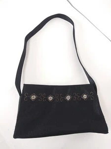 Bueno Black Satin Rectangle Purse Beaded Trim Evening Gold Zip Close Handbag  - Picture 1 of 15