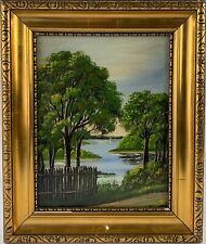 Ölbild Landschaft mit Bäumen am Ufer 1919 J. Schmidt Vintage Bilderrahmen Antik