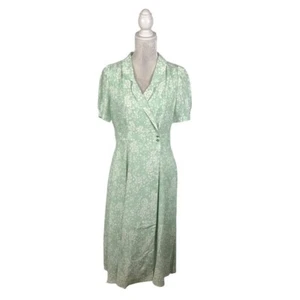 Schlichtes Retro Shirtkleid pistaziengrün Blumen Wickel französisches kleines Revers 40er neu L - Bild 1 von 13