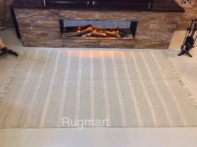 Natural Cream Striped Eco Friendly Recycled Cotton Reversible Washable Kilim Rug - Image 1 of 4
