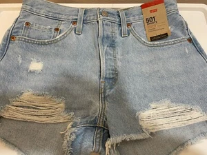 LEVI'S Women High Rise 501 Shorts Jeans Light Wash Distressed - Picture 1 of 5