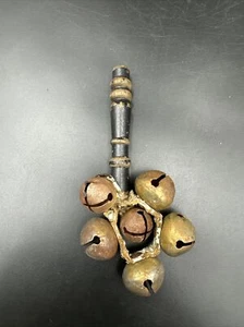 Antique Victorian Era Wood Leather Baby Rattle Sleigh Jingle 6 Bells 6” - Picture 1 of 7