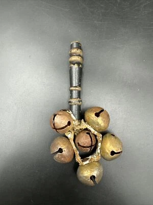 Antique Victorian Era Wood Leather Baby Rattle Sleigh Jingle 6 Bells 6” - Image 1 of 4