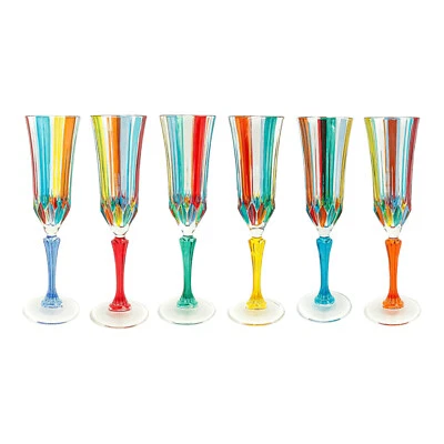 Set of Six 6 Murano Champagne Glasses Multi Blue Red Orange Stem Hand Painted - Image 1 of 4