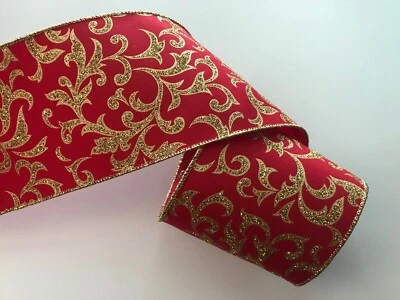 Christmas Ribbon, Red with Gold Sparkle, 4" Wide, Wired Edge, 3 YARDS - Image 1 of 3