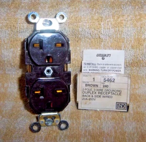 LEVITON 20 AMP 250 VOLT 6-20R RECEPTACLE 5462 Brown 2 pole 3 wire dublex - Picture 1 of 4