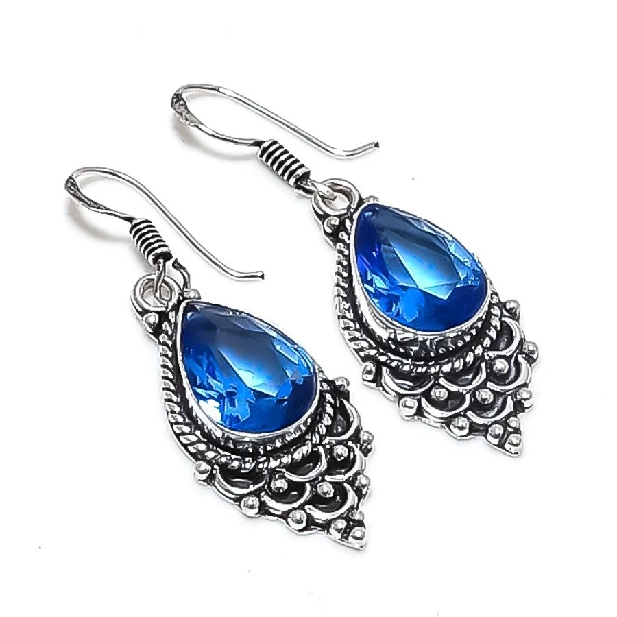 Blue Tanzanite Gemstone Handmade 925 Sterling Silver Jewelry Earring Size 1.5" - Image 1 of 1