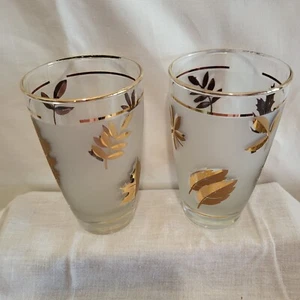 2 Vintage Libbey Frosted Gold Foliage Leaf  Water / CORDIAL BAR WARE  Glasses  - Picture 1 of 5