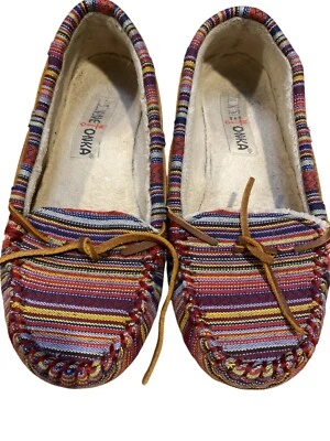 Minnetonka Mujer 7 Zapatillas Mocasines Sin Cordones Forrados a Rayas Zapatilla Zapatos (O) Foto 1 de 4
