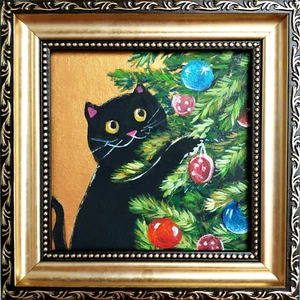 Black cat painting Christmas tree Funny cat artwork original gold frame - Picture 1 of 11