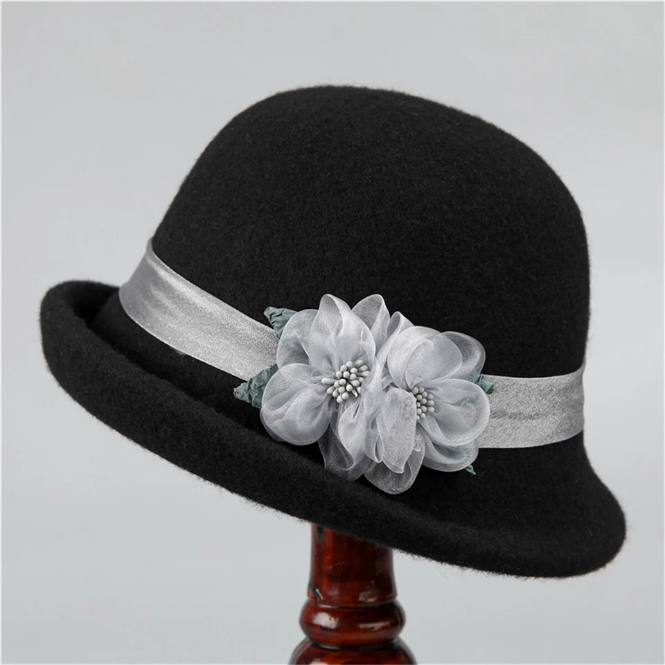 Winter Women Ladies Vintage Wool Felt Bucket Cap Flower Cloche Church Bowler Hat - Image 1 of 4