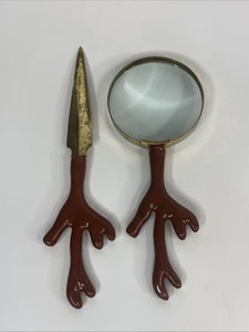 Vintage magnifying glass and letter opener Brown Gold Tone Antlers Coral Unique - Picture 1 of 4