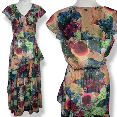 NUEVO Maxi Vestido Suave Envolventes Boho Floral Talla S 6 8 Niveles Volantes Romántico Foto 1 de 4