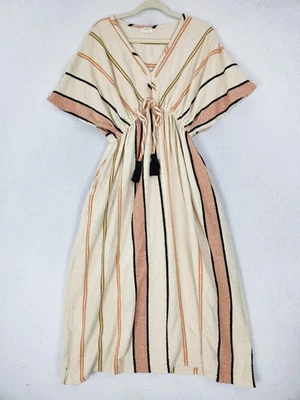 World Market Dress Womens Small Cream Striped Tassel Tie Waist Boho Maxi Kaftan - Image 1 of 4