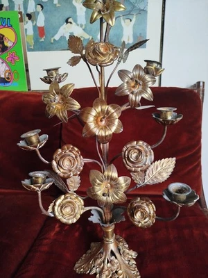 Paire Chandelier D’église Fin XIXeme Bronze Décor Fleurs & Feuilles - H: 62cm -  - Photo 1/4