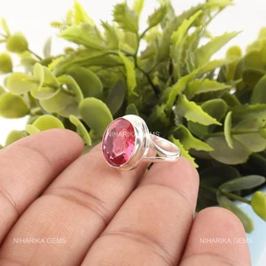 Anillo solitario de Navidad de plata de ley 925 con piedras preciosas de turmalina rosa joyería - Imagen 1 de 9