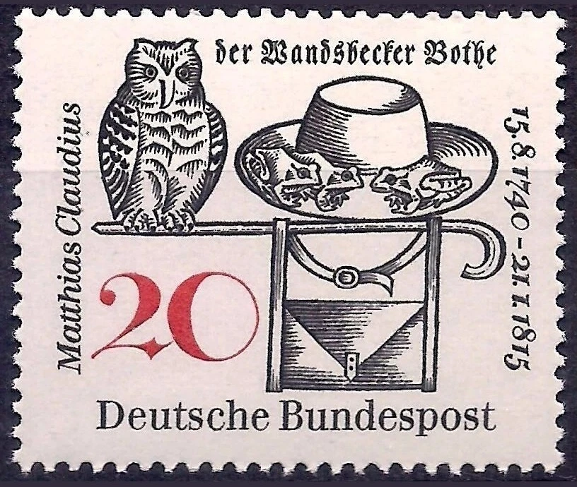 Alemania Occidental 1965 MNH, Matthias Claudius Poeta Búhos Pájaros Ranas Naturaleza Sombrero Foto 1 de 1
