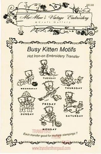 Busy Kitten Motifs for Days-of-the-Week Hot Iron Embroidery Transfers - Picture 1 of 1