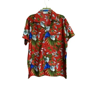 VHO Men's Hawaiian Shirt Large Floral Parrots Palms Red White Blue Short Sleeve - Picture 1 of 5