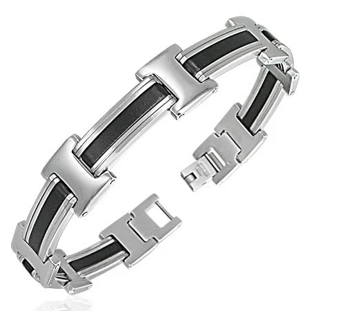 BRACELET GOURMETTE POUR HOMME ACIER INOXYDABLE & CAOUTCHOUC NOIR NEUF BBX184