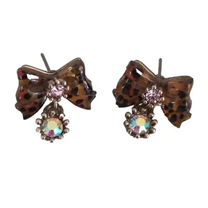Betsey Johnson Vintage Leopard Print Lucite Bow Pink AB Crystal Dangle Earrings - Picture 1 of 4