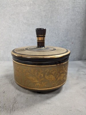 Vintage Gold Flamingoes Etched Inside Round Glass Trinket Candy Dish w/ Lid - Image 1 of 4