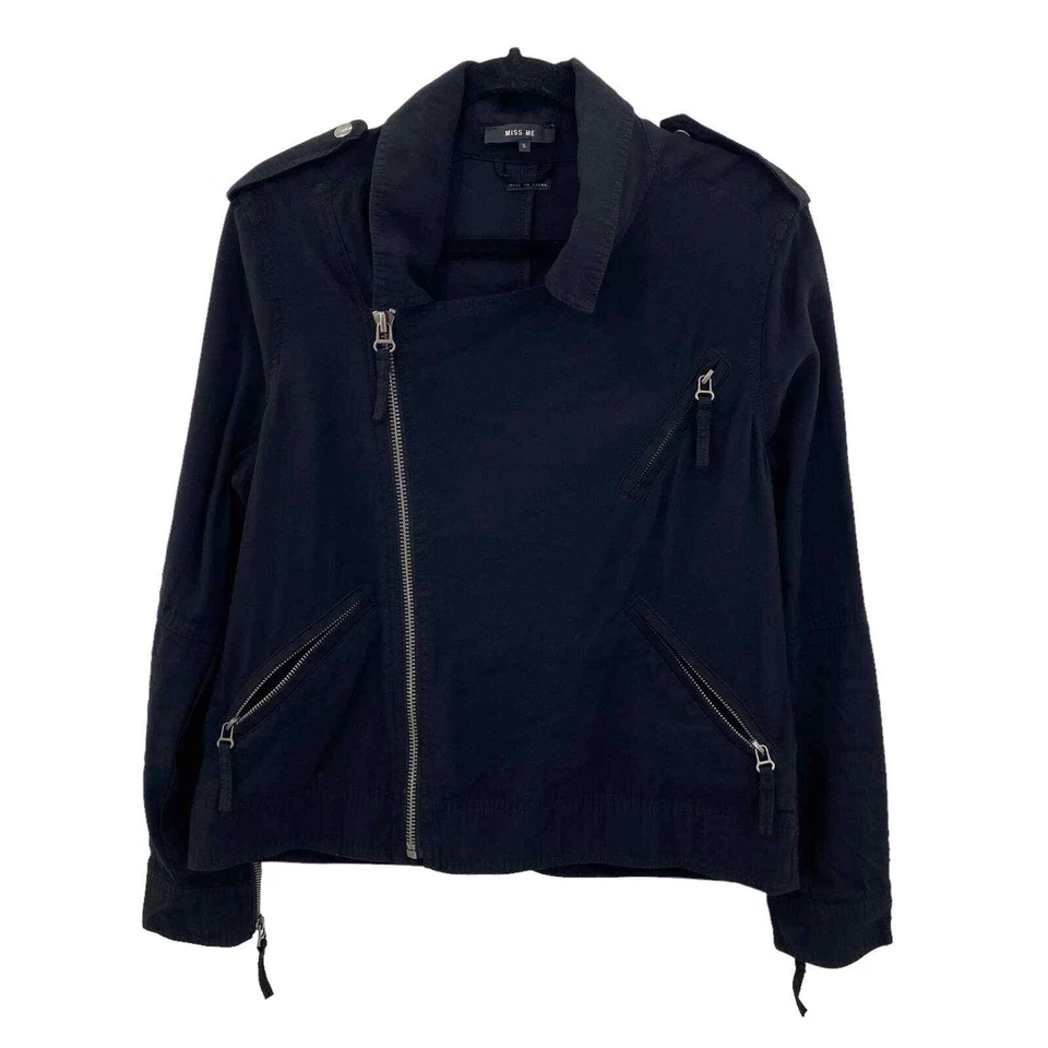 Miss Me 不对称拉链摩托夹克女式小号黑色棉质拉链口袋 — 第 1/4 张图片