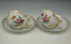 DRESDEN BLUMEN PORZELLAN HANDBEMALT BOUILLON SAHNETASSEN UND UNTERTASSEN ANTIK  - Bild 1 von 7