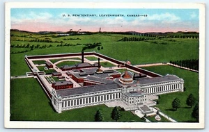 Postcard KS 1937 Leavenworth US Penitentiary Linen Aerial View K1 - Picture 1 of 2