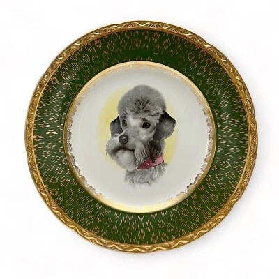 Plato decorativo vintage gris Schnauzer caniche perro verde dorado Inglaterra Foto 1 de 4