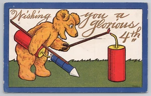 Wishing You A Glorious 4th of July Teddy Bear Lighting Firecracker Postcard 1909 - Picture 1 of 5