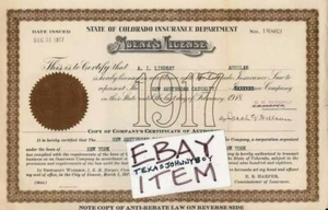 1917 COLORADO INSURANCE agent license NEW AMSTERDAM CASUALTY Arthur Lindsay - Picture 1 of 1