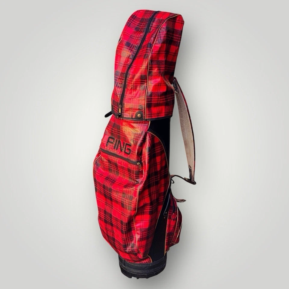Bolsa de golf vintage a cuadros roja PING con cubierta para lluvia ~ LEER DESCRIPCIÓN Foto 1 de 4