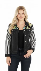 Koos Of course Women’s Black Silk Jacket Top Size M Floral Striped Casual Travel - Picture 1 of 14