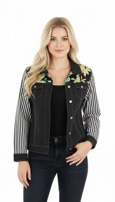 Koos Of course Women’s Black Silk Jacket Top Size M Floral Striped Casual Travel - Image 1 of 4