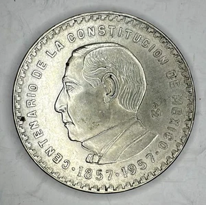 1957 Mexico 5 Pesos Benito Juarez- Centenario De La Constitución - .720 Silver - Picture 1 of 2