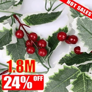 Xmas Artificial Holly Leaves W/Fake Red Berries Garland Christmas Decor 1.8M UK - Picture 1 of 14