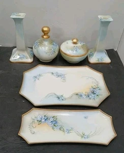 8 Piece Limoges & Nippon Blue & White Floral Design Dresser Set - Picture 1 of 11