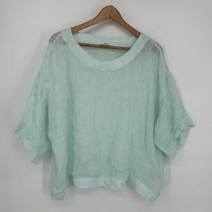 Camisa Jill Mujer Mediana Pequeña Azul Lino Top Gran Tamaño Cuadrada Manga Corta - Imagen 1 de 7