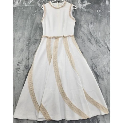 复古 Vicky Vaughn 连衣裙女式 S 白色米色蕾丝无袖纹理长裙 — 第 1/4 张图片