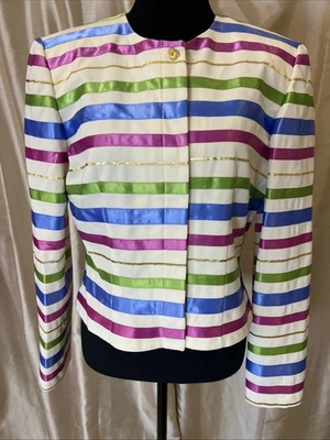 CHAQUETA RECORTADA VINTAGE MAGGY LONDON ROSA CREMA AZUL RAYAS CINTA TALLA 10 Foto 1 de 4