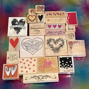 Lot of 23 Heart Love ❤️ Themed Wood Mounted Rubber Ink Stamp Stamps - Picture 1 of 20