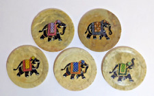 Vintage Hand Painted Indian Elephant Marble Soapstone Coasters, Set of 5. ~1970s