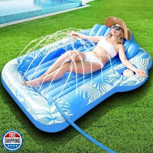 Inflatable Tanning Pool Lounger Float with Sprinkler, 72" x 47" Large Pool Fl - Picture 1 of 5