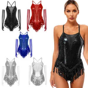 Women Bodysuit Party Dancewear Gloves Dance Samba Cocktail Tassel Sequin Stage - Picture 1 of 56